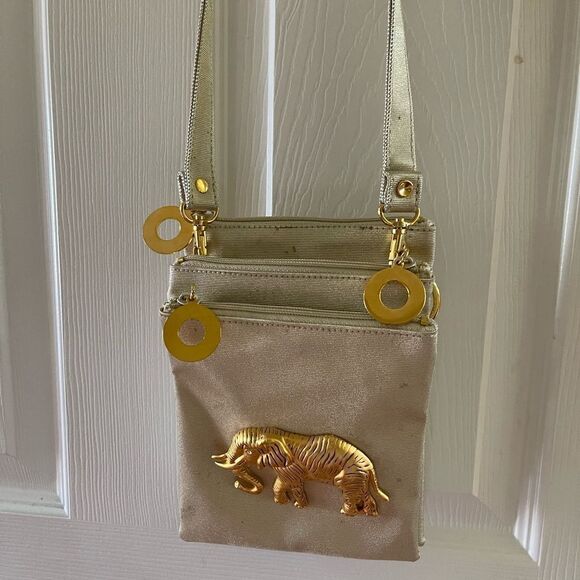 Gold Nylon Crossbody bag with Gold Brass Elephant Attachment & Crystal Eyes - Picture 1 of 11